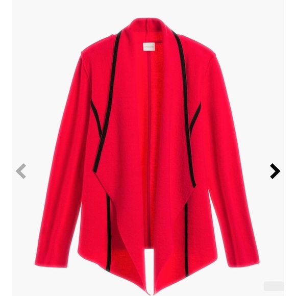 Chico's 100% wool red drape front cardigan sweater w/black trim, Size 1 (8-10) - Picture 2 of 10